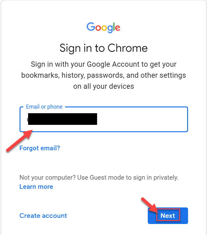 Ingrese su nombre de usuario de Gmail o ID de correo electrónico y presione Siguiente