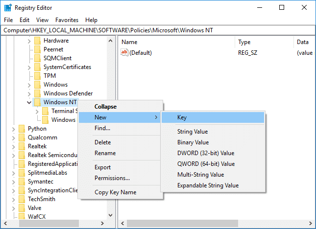 Haga clic derecho en Windows NT, luego seleccione Nuevo y luego Clave