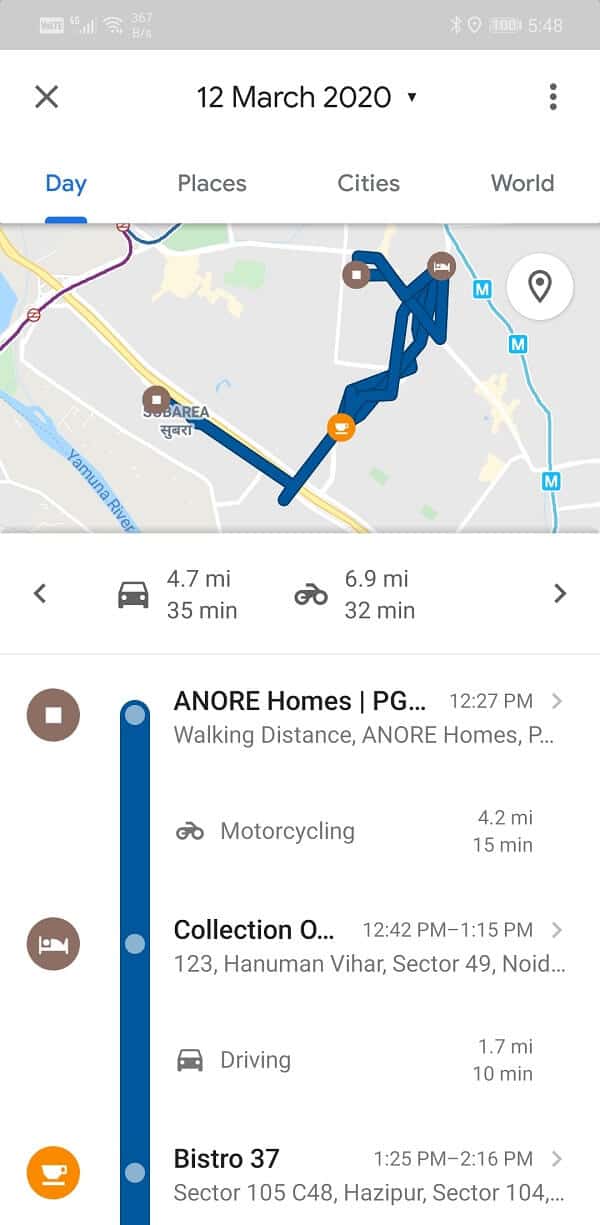 Toque en cualquier fecha en particular, Google Maps le mostrará la ruta