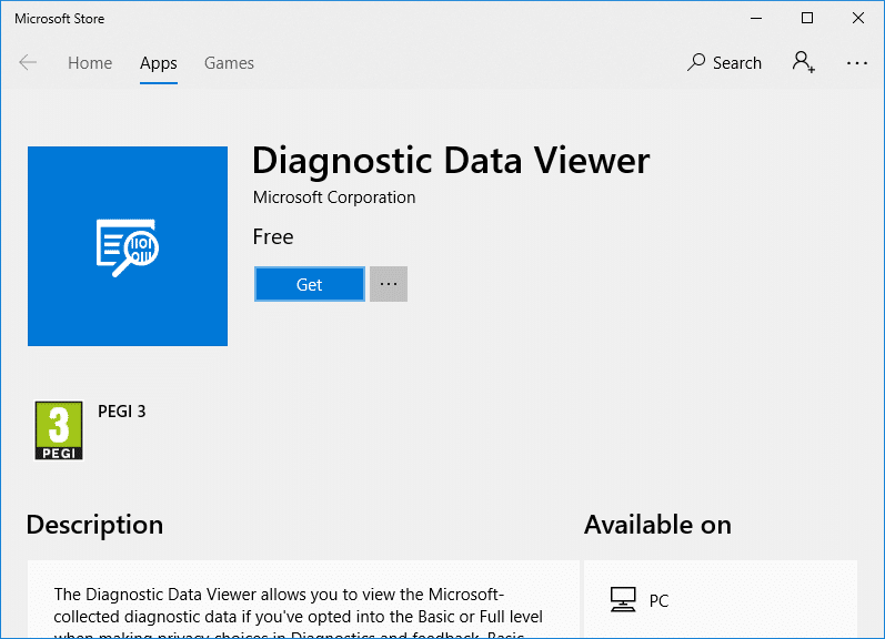 Haga clic en Obtener para descargar e instalar la aplicación Visor de datos de diagnóstico