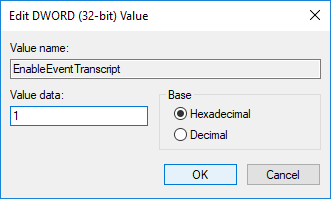 Haga doble clic en EnableEventTranscript DWORD para cambiar su valor según