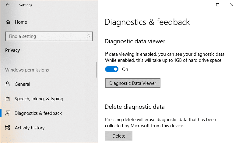 Habilite la opción Visor de datos de diagnóstico y haga clic en el botón Visor de datos de diagnóstico