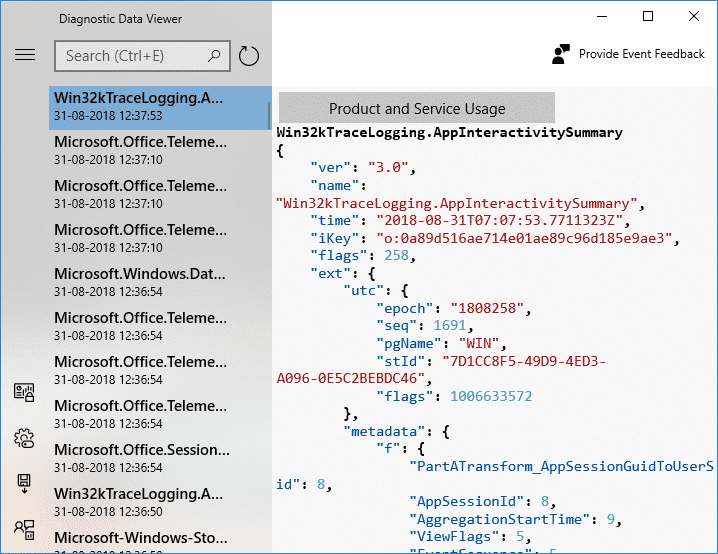 Desde la columna de la izquierda puede revisar sus eventos de diagnóstico |  Habilitar o deshabilitar el visor de datos de diagnóstico en Windows 10