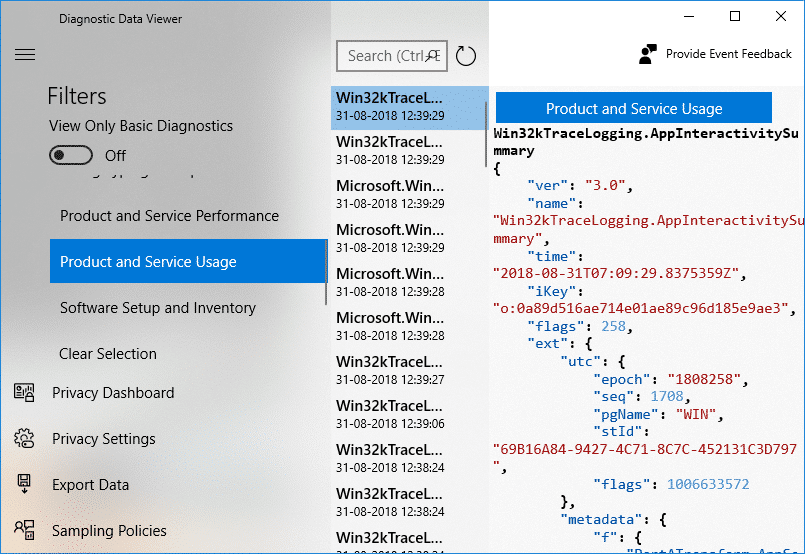 Seleccione filtros o categorías particulares de la aplicación Visor de datos de diagnóstico