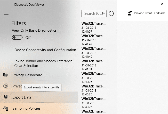 Si necesita exportar datos desde la aplicación Visor de datos de diagnóstico, haga clic en el botón Exportar datos