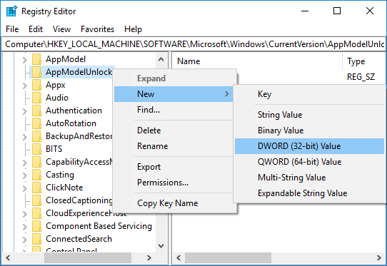 Haga clic derecho en AppModelUnlock, luego seleccione Nuevo y luego Valor DWORD (32 bits)