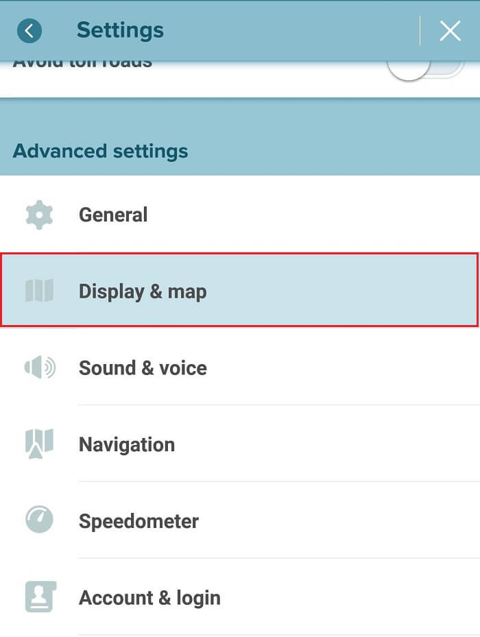 En Configuración avanzada, toque Pantalla y mapa |  Cómo usar Waze sin conexión para guardar datos de Internet