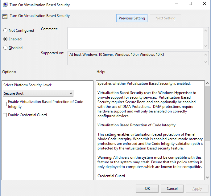 Establezca Activar seguridad basada en virtualización en Habilitado