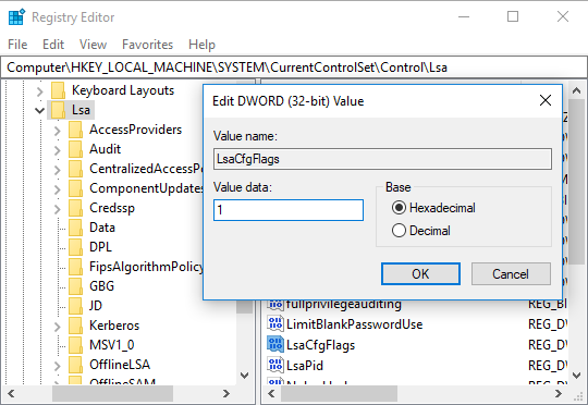 Haga doble clic en LsaCfgFlags DWORD y cambie su valor de acuerdo con