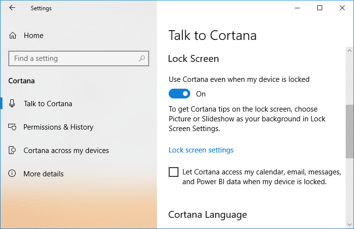 Encienda o habilite la opción Usar Cortana incluso cuando mi dispositivo esté bloqueado