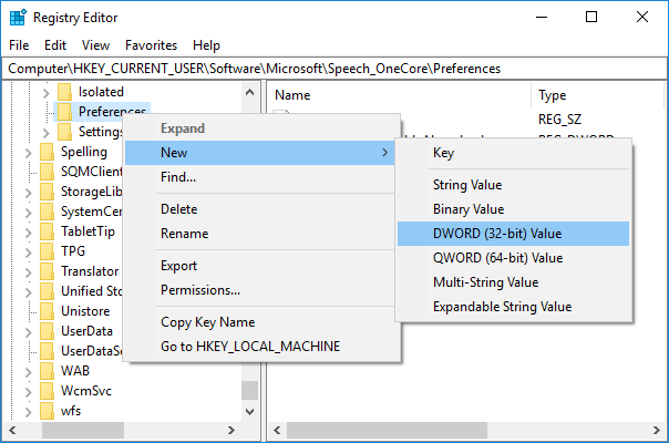 Haga clic derecho en Preferencias y luego seleccione Nuevo y Valor DWORD (32 bits)