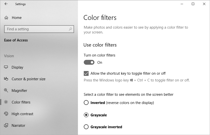 Para habilitar los filtros de color, active el botón debajo de Activar filtro de color