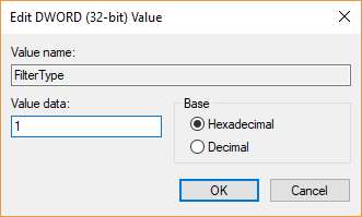 Cambie el valor de FilterType DOWRD a los siguientes valores |  Habilitar o deshabilitar filtros de color en Windows 10