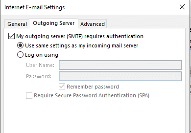 Seleccione la casilla de verificación Mi servidor saliente (SMTP) requiere autenticación