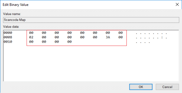 Haga doble clic en Scancode Map y para deshabilitar el bloqueo de mayúsculas, cambie su valor a