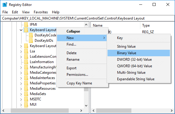 Haga clic con el botón derecho en Distribución del teclado, luego seleccione Nuevo y luego haga clic en Valor binario