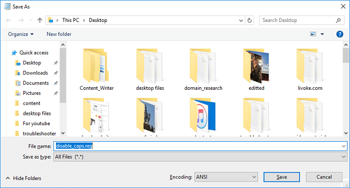 Escriba disabled_caps.reg como nombre de archivo y, a continuación, en el menú desplegable Guardar como tipo, seleccione Todos los archivos y haga clic en Guardar.