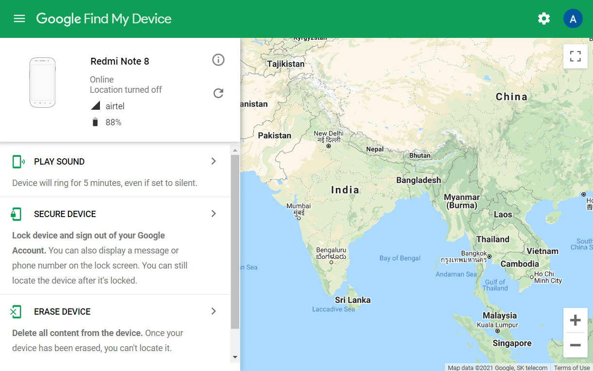 abra Google Find My Device en su computadora y seleccione su dispositivo