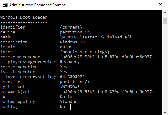 En bootlog, vea si está habilitado o deshabilitado y luego anote el identificador para Windows 10