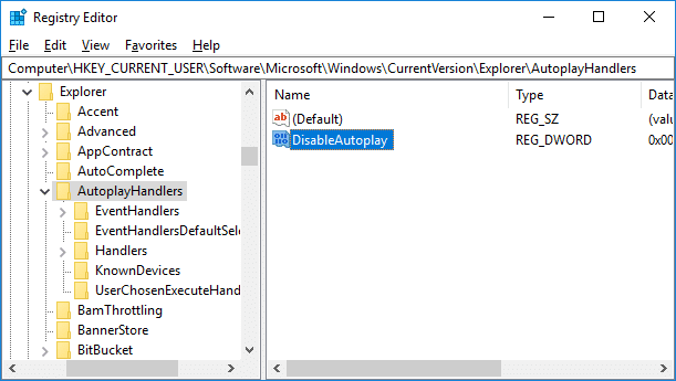 Seleccione AutoplayHandlers y luego, en el panel derecho de la ventana, haga doble clic en DisableAutoplay