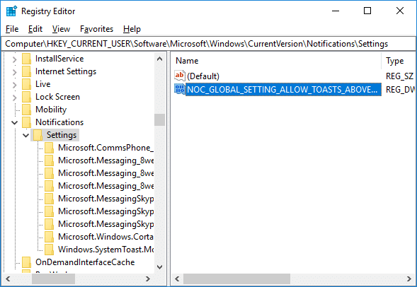 Nombre este nuevo DWORD como NOC_GLOBAL_SETTING_ALLOW_TOASTS_ABOVE_LOCK y presione Enter.