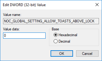 Cambie el valor de NOC_GLOBAL_SETTING_ALLOW_TOASTS_ABOVE_LOCK a 0 para desactivar las notificaciones de la aplicación en la pantalla de bloqueo