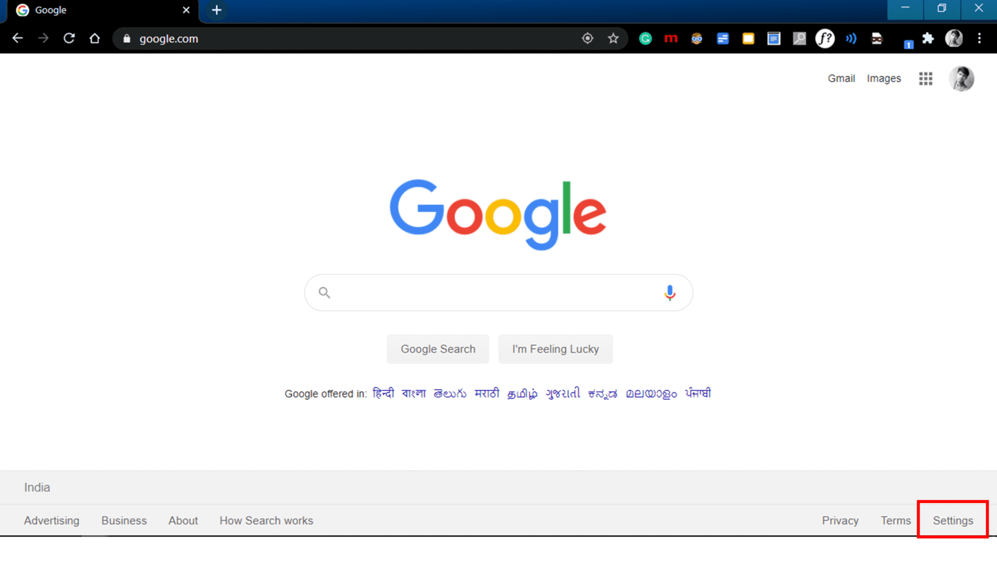 Haga clic en Configuración, en la parte inferior derecha de la búsqueda de Google