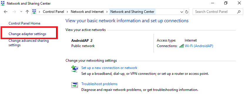 haga clic en Centro de redes y recursos compartidos y luego elija Cambiar la configuración del adaptador en el panel izquierdo