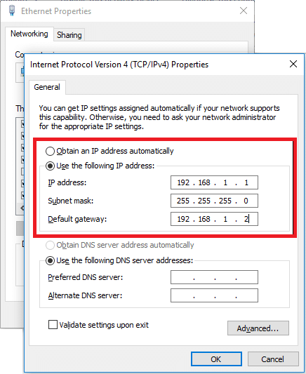 ingrese la dirección IP mencionada a continuación en la primera computadora