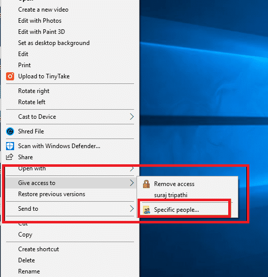 haga clic con el botón derecho y seleccione Dar acceso a y luego elija Personas específicas.