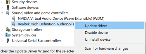 Haga clic derecho en Realtek High Definition Audio y seleccione Actualizar software de controlador