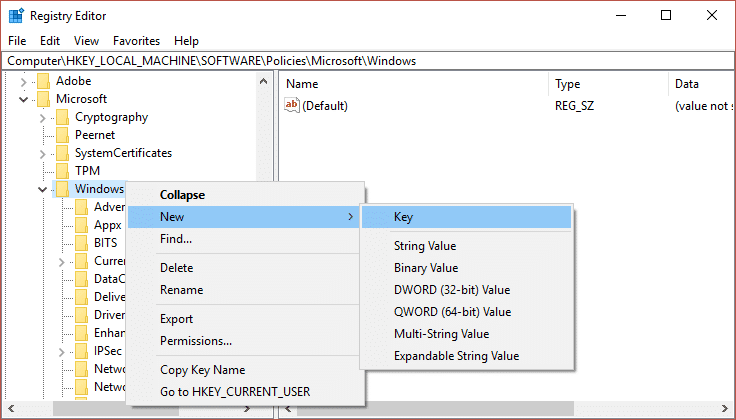 Haga clic derecho en Windows, luego seleccione Nuevo, luego haga clic en Clave y nombre esta clave como Personalización |  Deshabilitar la pantalla de bloqueo en Windows 10 [GUIDE]