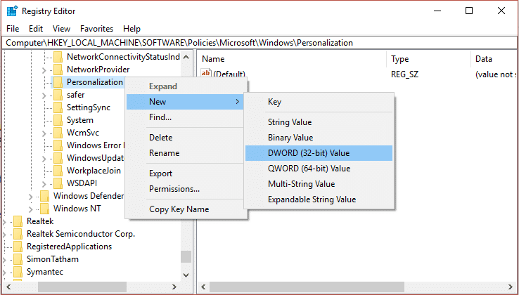 Ahora haga clic con el botón derecho en Personalización y seleccione Nuevo, luego haga clic en el valor DWORD (32 bits)