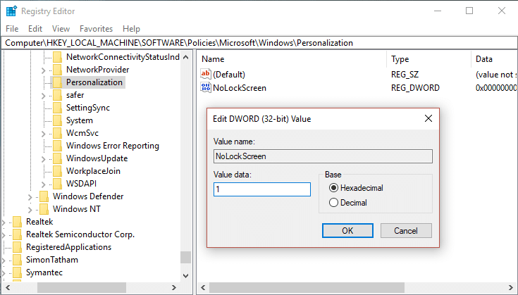 Haga doble clic en NoLockScreen y cambie su valor a 1