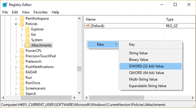 Debajo del archivo adjunto, haga un nuevo DWORD llamado SaveZoneInformation |  Deshabilitar el filtro SmartScreen en Windows 10