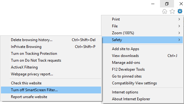 Desde la configuración de Internet Explorer, vaya a Seguridad y luego haga clic en Desactivar filtro SmartScreen