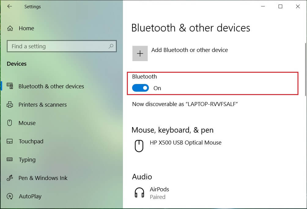 Asegúrese de encender o habilitar la alternancia para Bluetooth