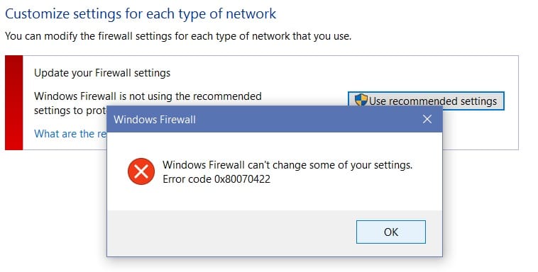 Arreglar No se puede activar el código de error de Firewall de Windows 0x80070422
