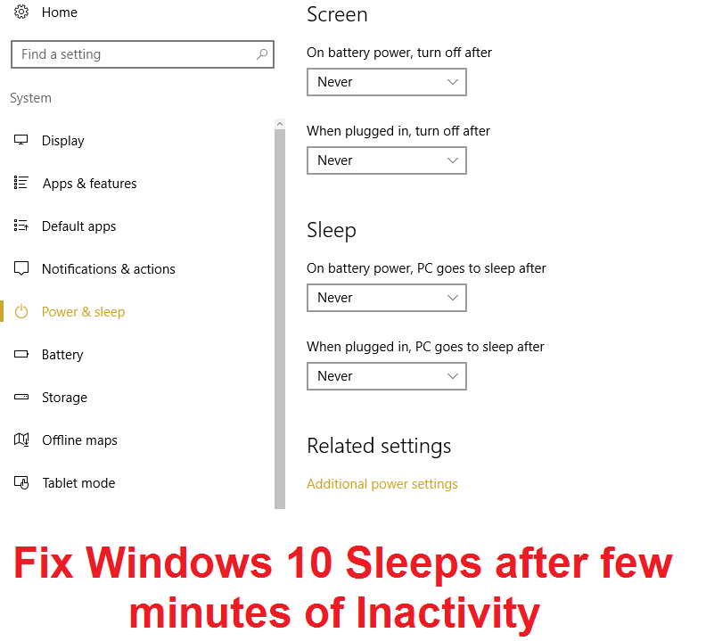 Arreglar Windows 10 Sleeps después de unos minutos de inactividad
