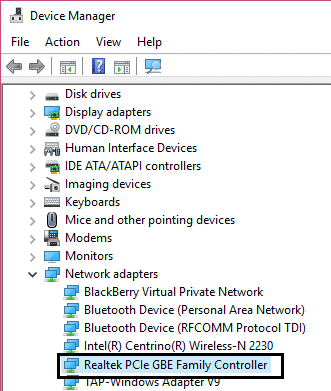 Seleccione el controlador de la familia Realtek PCIe GBE.