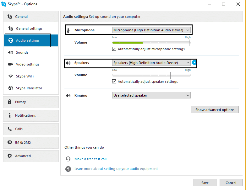 opciones de skype configuración de audio