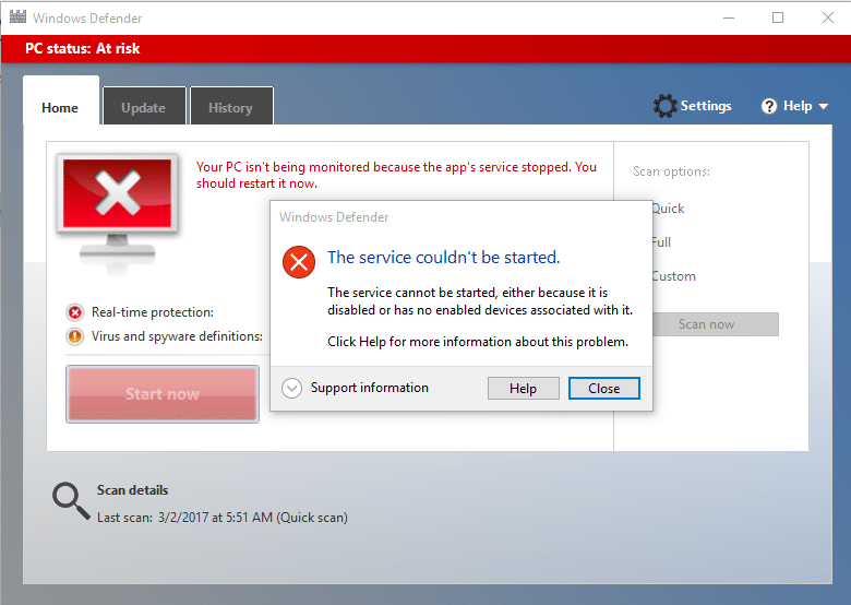 Arreglar el servicio No se pudo iniciar Windows Defender Error 0x80070422