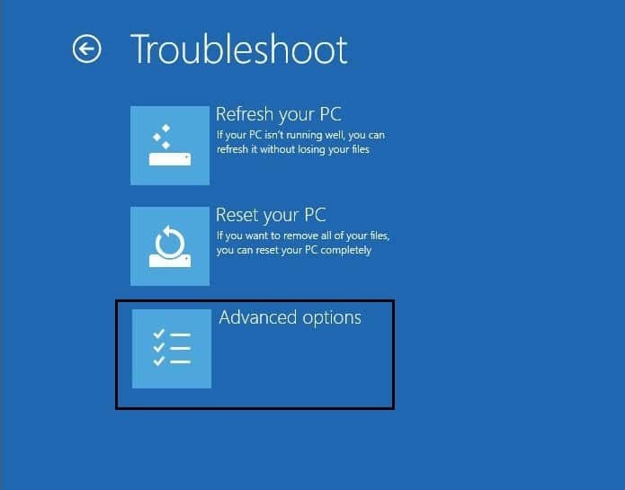 seleccione la opción avanzada de la pantalla de resolución de problemas |  Repare la PC atascada al preparar Windows, no apague su computadora