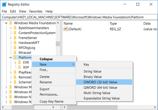 Haga clic derecho en Plataforma, luego seleccione Nuevo y luego elija el valor DWORD (32 bits)