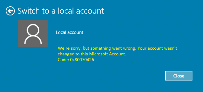Arreglar su cuenta no se cambió a esta cuenta de Microsoft 0x80070426