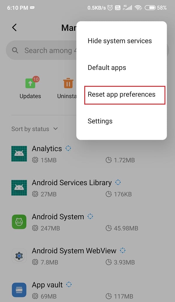 Seleccione el botón Restablecer preferencias de la aplicación en el menú desplegable |  Cómo arreglar Android.Process.Media ha detenido el error