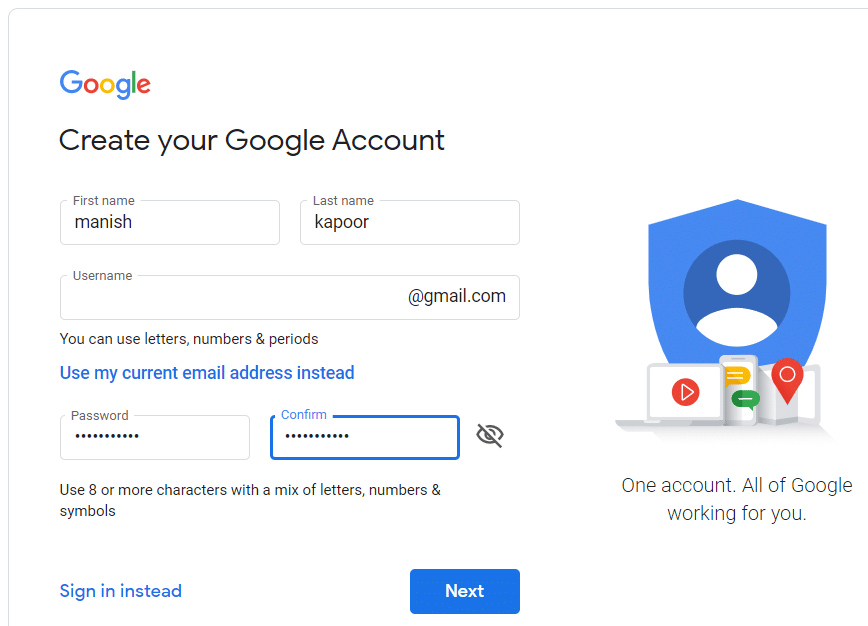 complete todos los detalles que se mencionan en él para crear una cuenta.  |  crear una cuenta de Gmail sin agregar su número de teléfono