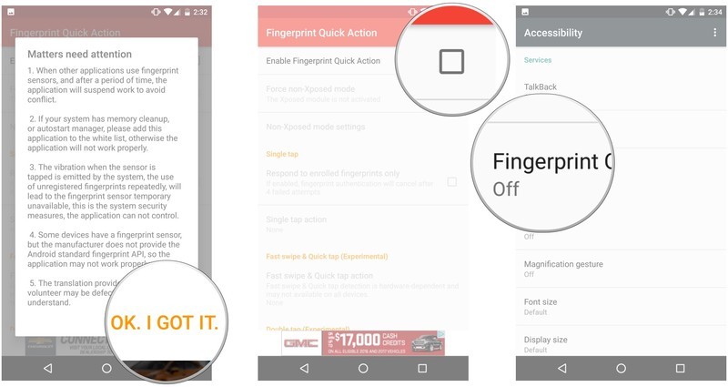 Toque Aceptar, lo tengo, toque para habilitar la acción rápida de huellas digitales, toque Aceptar, toque Acción rápida de huellas digitales