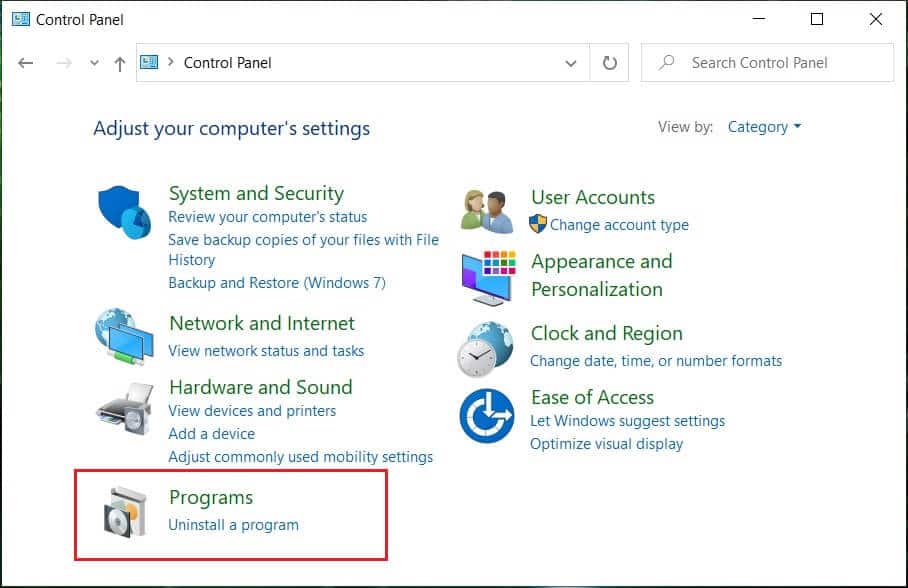 Desde el Panel de control, haga clic en Desinstalar un programa |  Solucionar error interno del programador de video