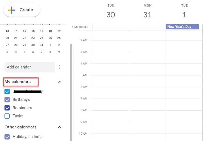 Vaya primero a Google Calendar y busque la opción de mi calendario en el menú principal